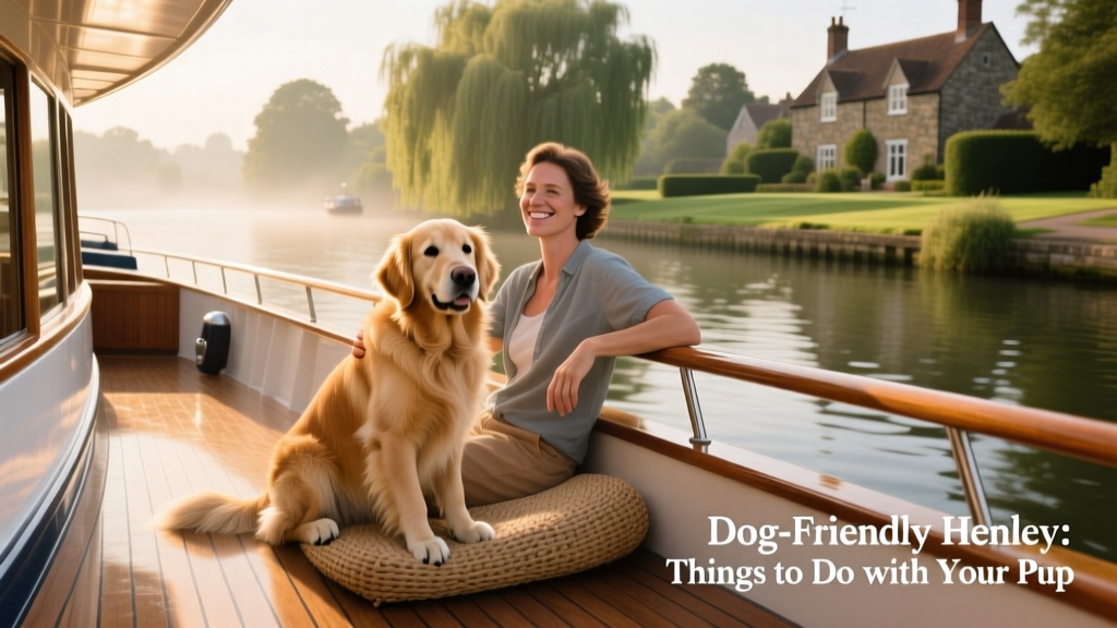A dog sitting calmly beside their owner on the deck of a river cruise boat gliding along the Thames in Henley-on-Thames.
