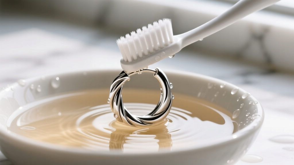 Soft toothbrush gently scrubbing the grooved crevices of a sterling silver twist hoop earring submerged in warm soapy water bowl