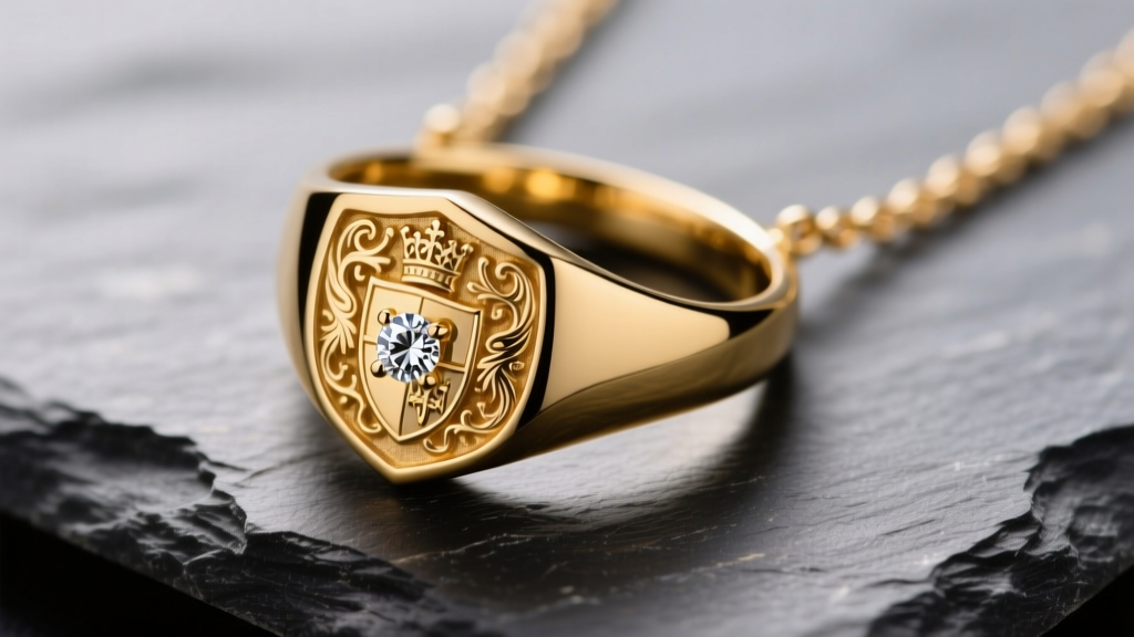 Close-up of a 14k yellow gold class ring necklace on slate, showing the engraved crest and diamond under soft lighting.