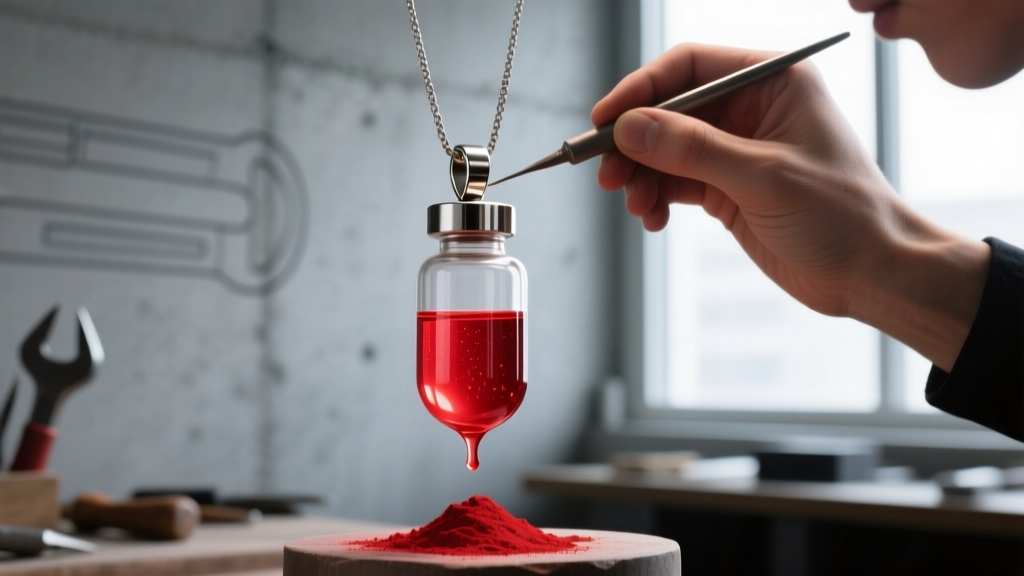 Jeweler using a UV-curing clear epoxy resin to encapsulate red iron oxide powder inside a modern titanium pendant vial setting