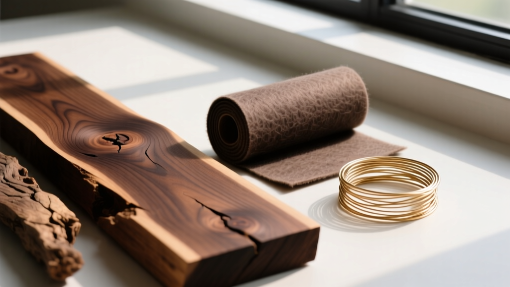 Close-up of raw American black walnut wood planks next to a roll of acid-free charcoal jewelry felt and brass mesh wire