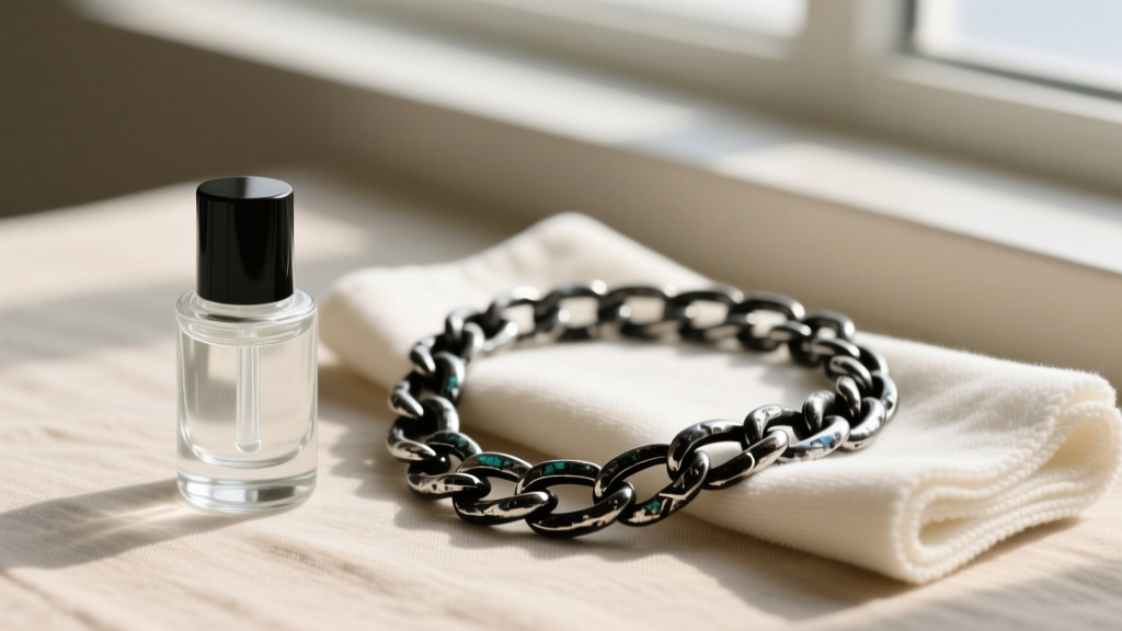 Small glass bottle of clear protective polish and microfiber cloth resting next to a repaired black oxidized silver chain necklace.