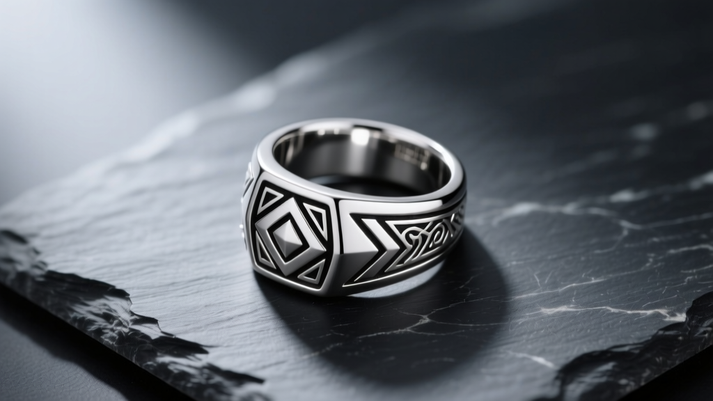 Overhead shot of a trendy matte-finish 925 sterling silver chunky signet ring resting on dark slate, soft directional lighting.