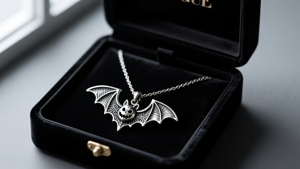 Open dark velvet jewelry box revealing an oxidized sterling silver halloween charm necklace with a bat pendant in moody lighting
