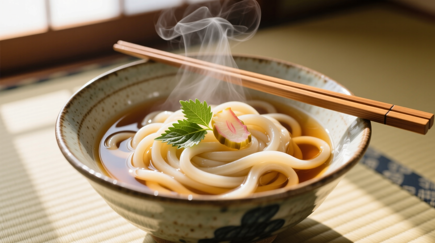 Perfectly cooked udon noodles in traditional Japanese bowl