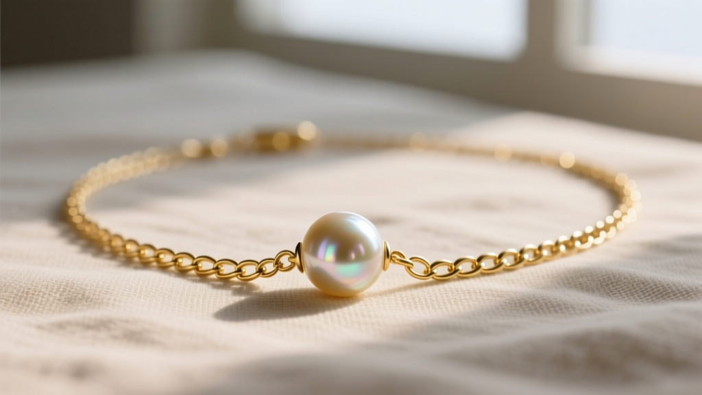 Close-up of a 16-inch 14k gold-filled chain with a single baroque freshwater pearl pendant resting on a neutral linen backdrop.