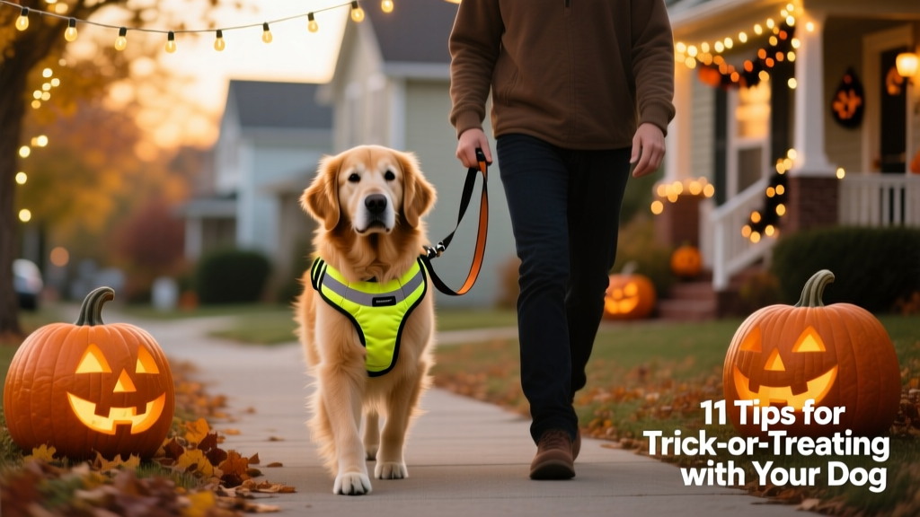 A dog wearing a padded reflective harness and matching leash, walking calmly beside their owner on a sidewalk lined with jack-o'-lanterns and string lights