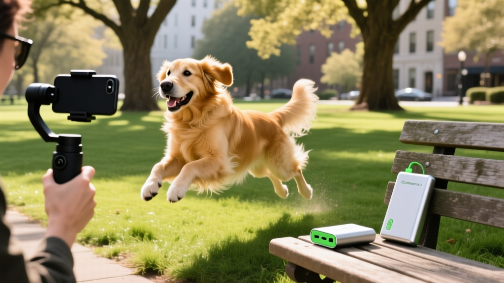 Golden retriever running in a park while an owner films using a smartphone mounted on a gimbal with an eco-friendly power bank nearby