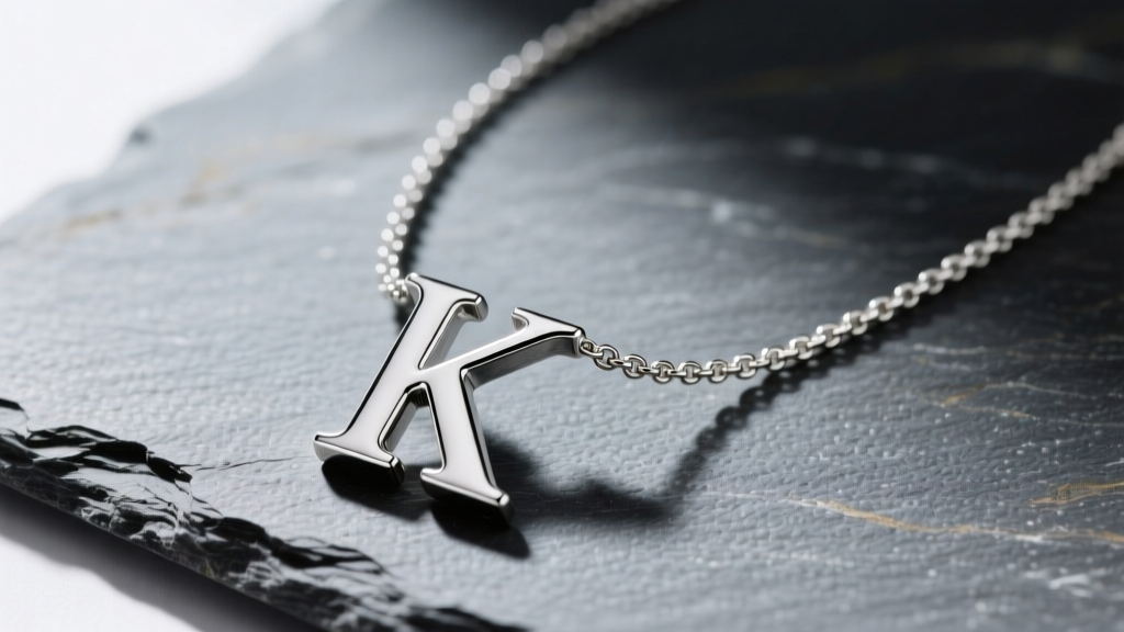 Sterling silver letter K necklace on slate, showing contrast between dull grey tarnish and brightly polished shiny metal edges.
