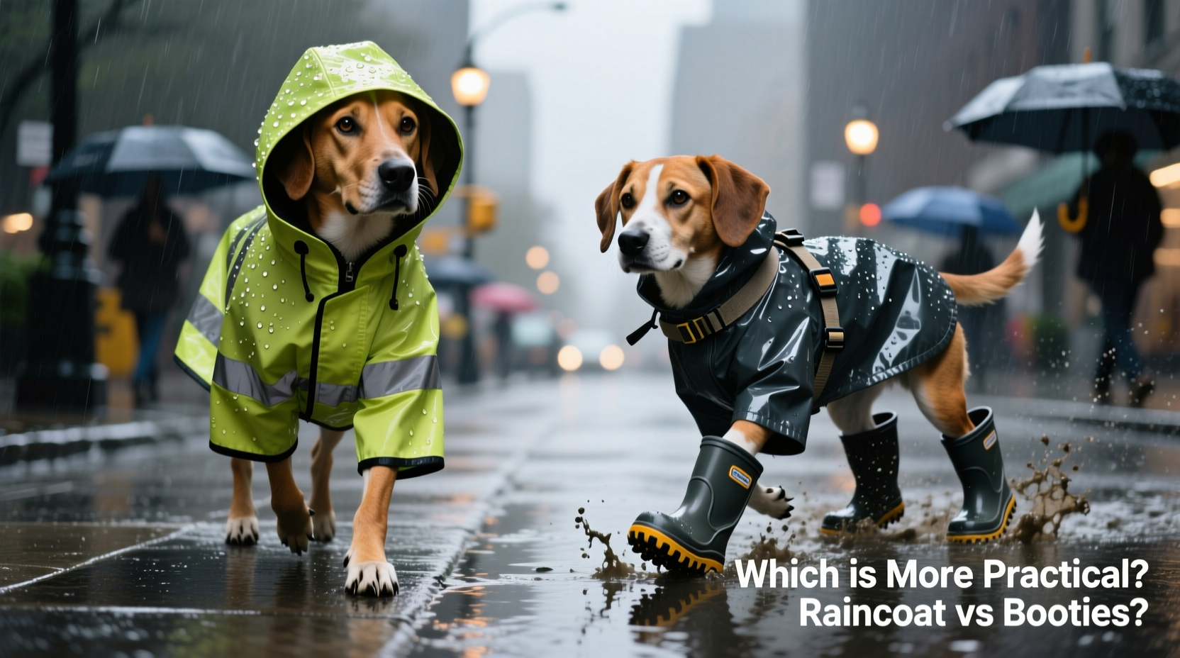 dog raincoat or booties which is more practical during stormy walks
