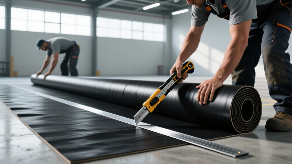 Installers unrolling heavy black vulcanized rubber gym flooring on concrete using a specialized utility knife and aluminum straight edge