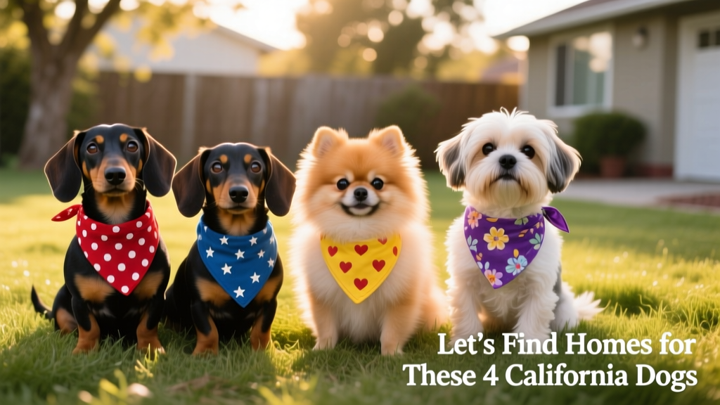 Four small dogs sitting together on a sunny grassy patch, each wearing a colorful bandana