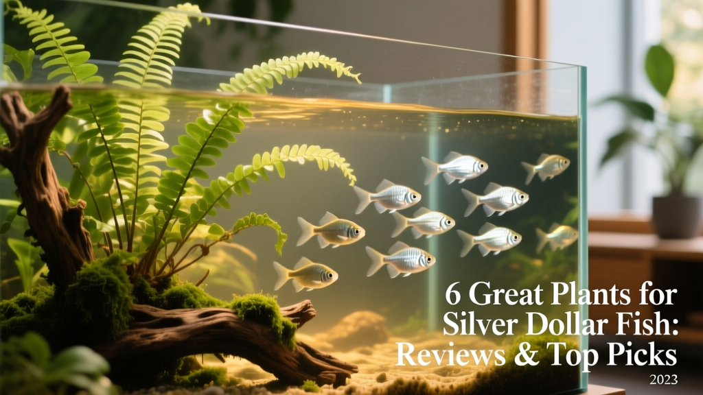 Java Fern attached to driftwood beside a group of shimmering Silver Dollar fish