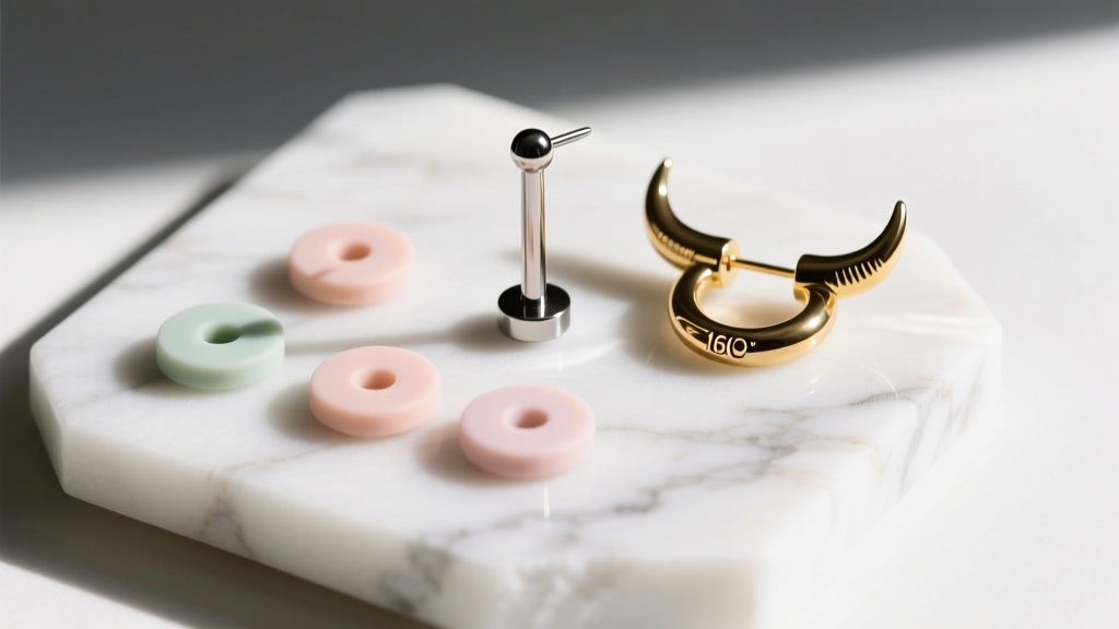 Flat-lay of silicone earring patches, a 16g titanium labret, and small gold cow horn huggies resting on a white marble slab.
