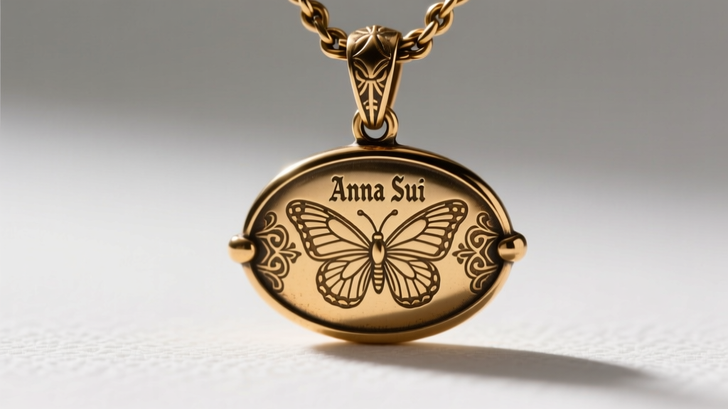 Macro shot of authentic Anna Sui butterfly pendant back showing engraved oval hallmark and antique brass lobster clasp detail