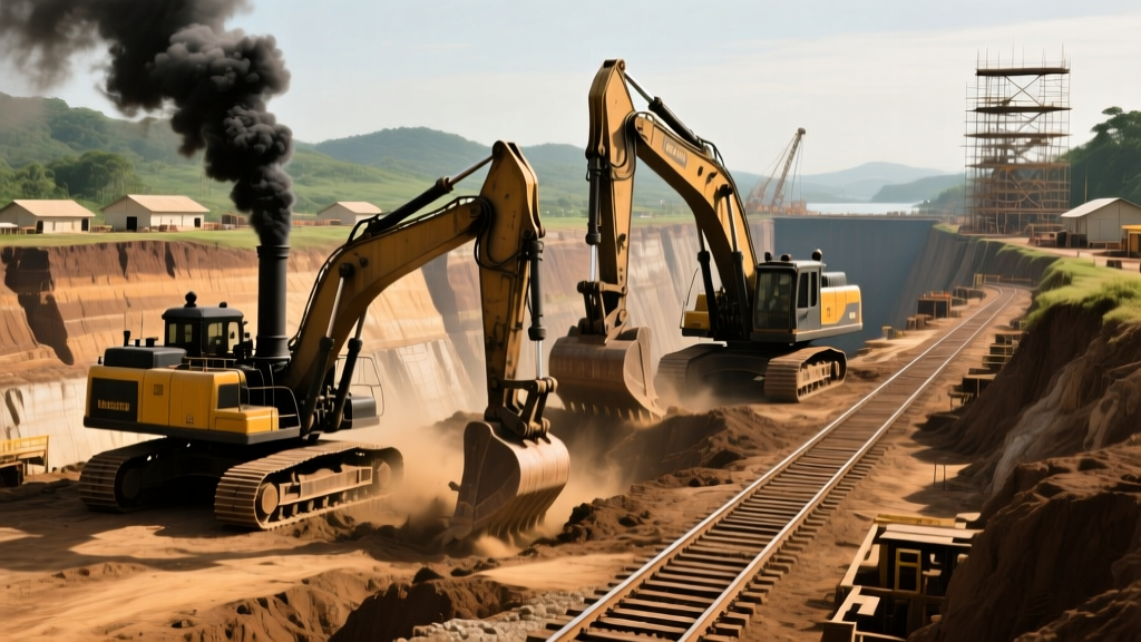 Historic sepia photo of steam shovels excavating the Culebra Cut during Panama Canal construction with railroad tracks visible
