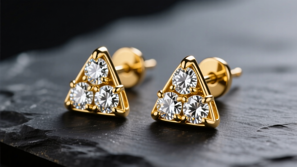 Macro shot of 18k yellow gold stud earrings, each featuring three bezel-set round diamonds, resting on a dark slate surface.