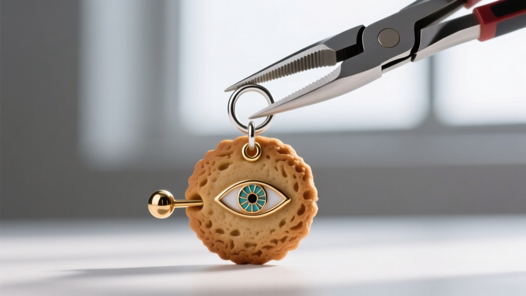 Jewelry pliers attaching an 18-gauge sterling silver jump ring to a baked cookie charm embedded with a brass eye pin