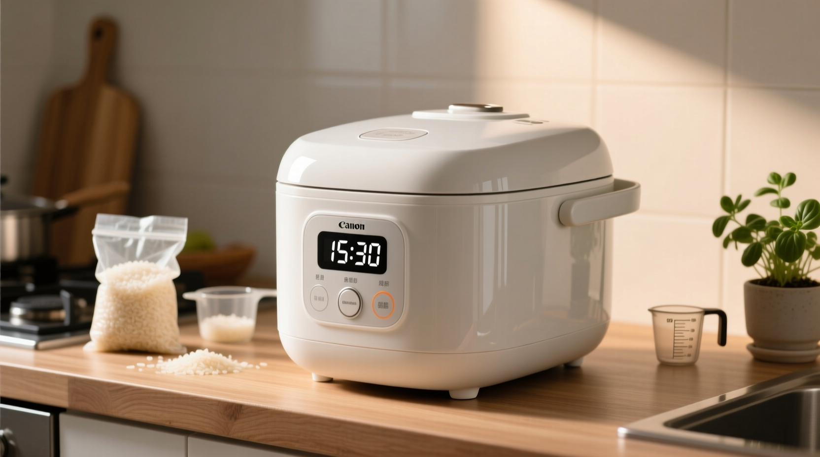 Rice cooker displaying cooking progress timer