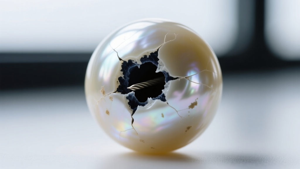 Macro view of a drilled pearl hole showing dark dye pooling in crevices, revealing a treated and dyed freshwater pearl imitation.