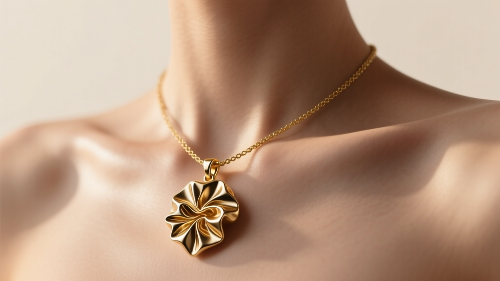 18k gold necklace with a crumpled, wrinkled metal pendant resting on a mature collarbone under soft, warm studio lighting.