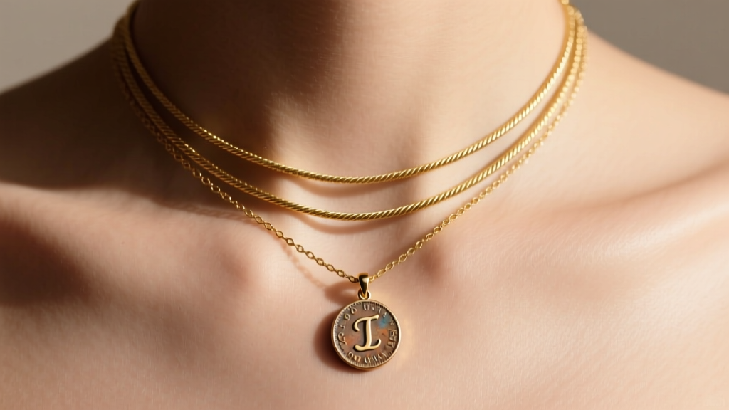 Layered 14k gold necklaces on a collarbone, featuring a 1mm cable chain, a small initial pendant, and a vintage coin charm.