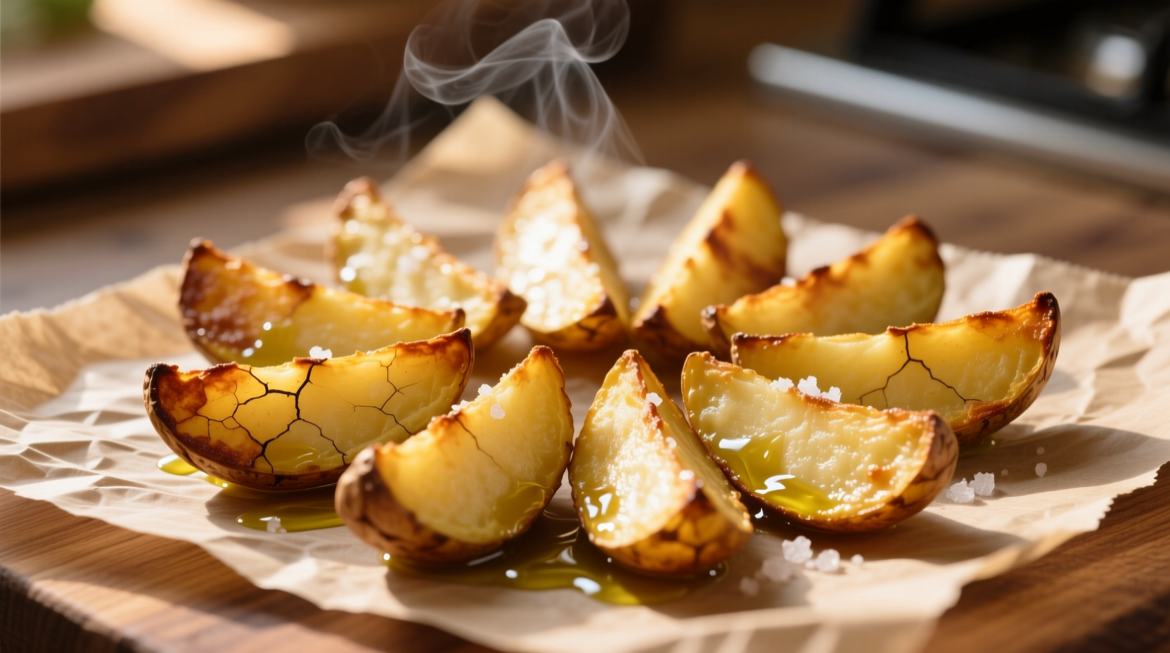 Golden baked potato wedges with crispy edges on parchment paper