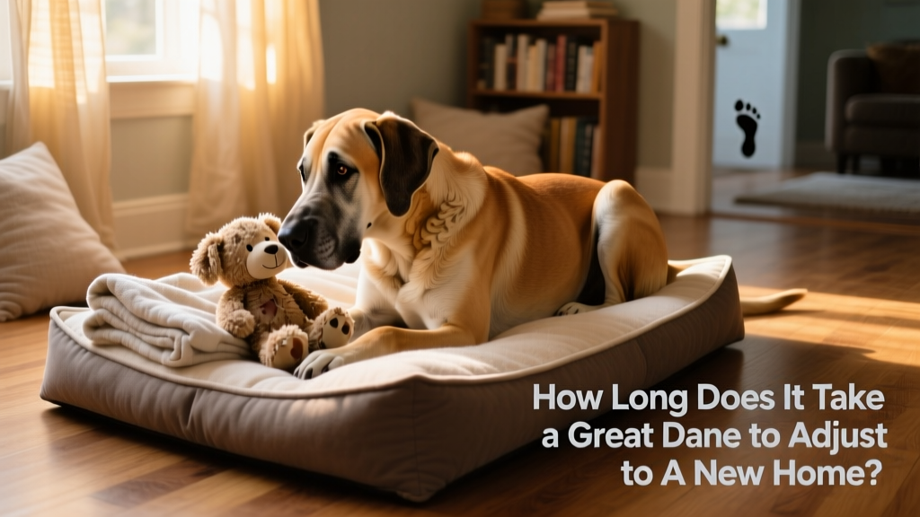 A Great Dane gently nuzzling a well-loved stuffed toy and folded blanket on their dog bed