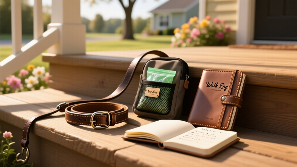 A neatly organized dog walking kit: leash, collar, waste bags, and a small notebook labeled 'Walk Log' sitting on a porch step