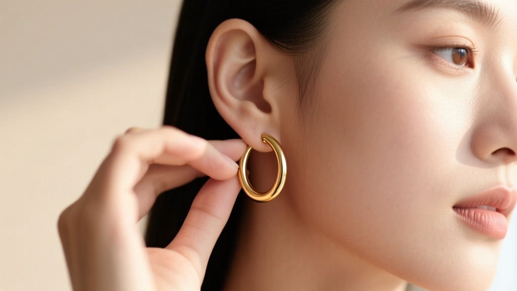 A person gently twisting a small gold continuous hoop earring laterally to open it, showing proper technique near the earlobe.
