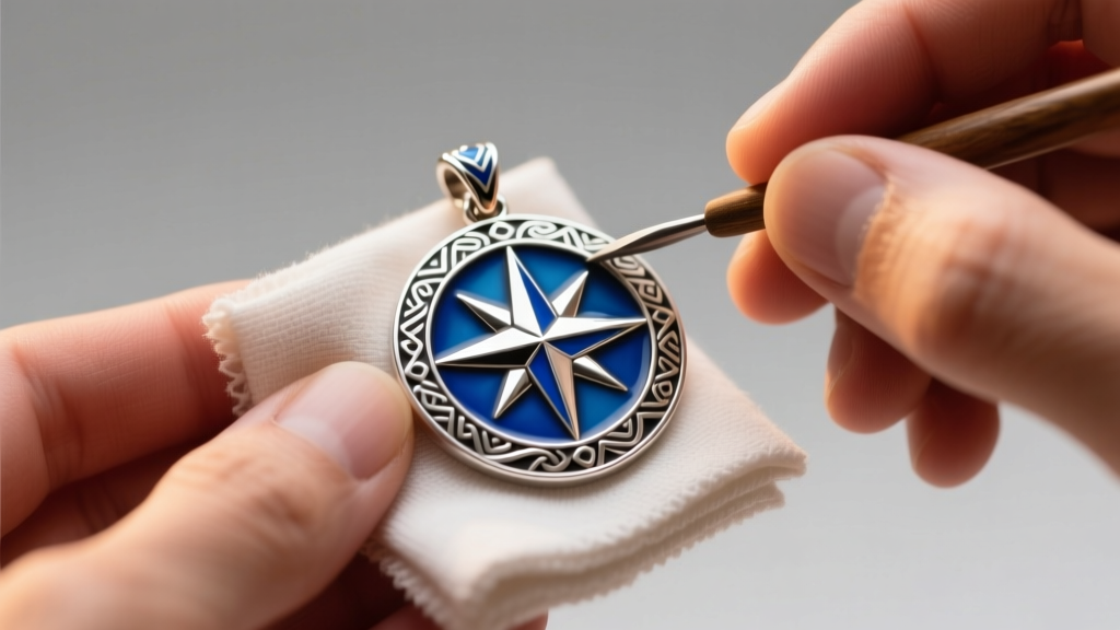 Hands polishing a silver and blue enamel Moana wayfinder pendant with a microfiber cloth under bright, warm studio lighting.