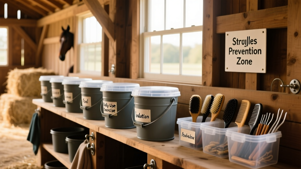 Clean barn setting with labeled, individual water buckets and disinfected grooming kits stored separately