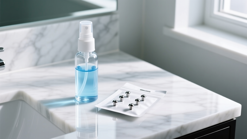 Glass saline spray bottle beside a sterile pack of titanium labret studs resting on a bright marble vanity surface.