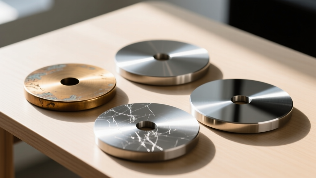 Macro shot of three metal discs on a wooden desk: dull brass, scratched surgical steel, and mirror-finish implant-grade titanium