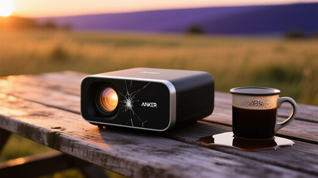 Close-up of a scratched Anker Nebula Capsule 3 Laser projector resting on a wooden picnic table next to a spilled drink at dusk