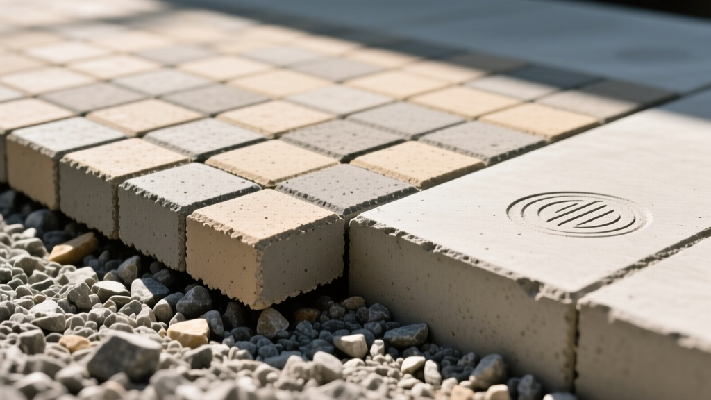 Close-up cross-section of interlocking concrete pavers on a compacted gravel base next to a stamped concrete slab with control joints.