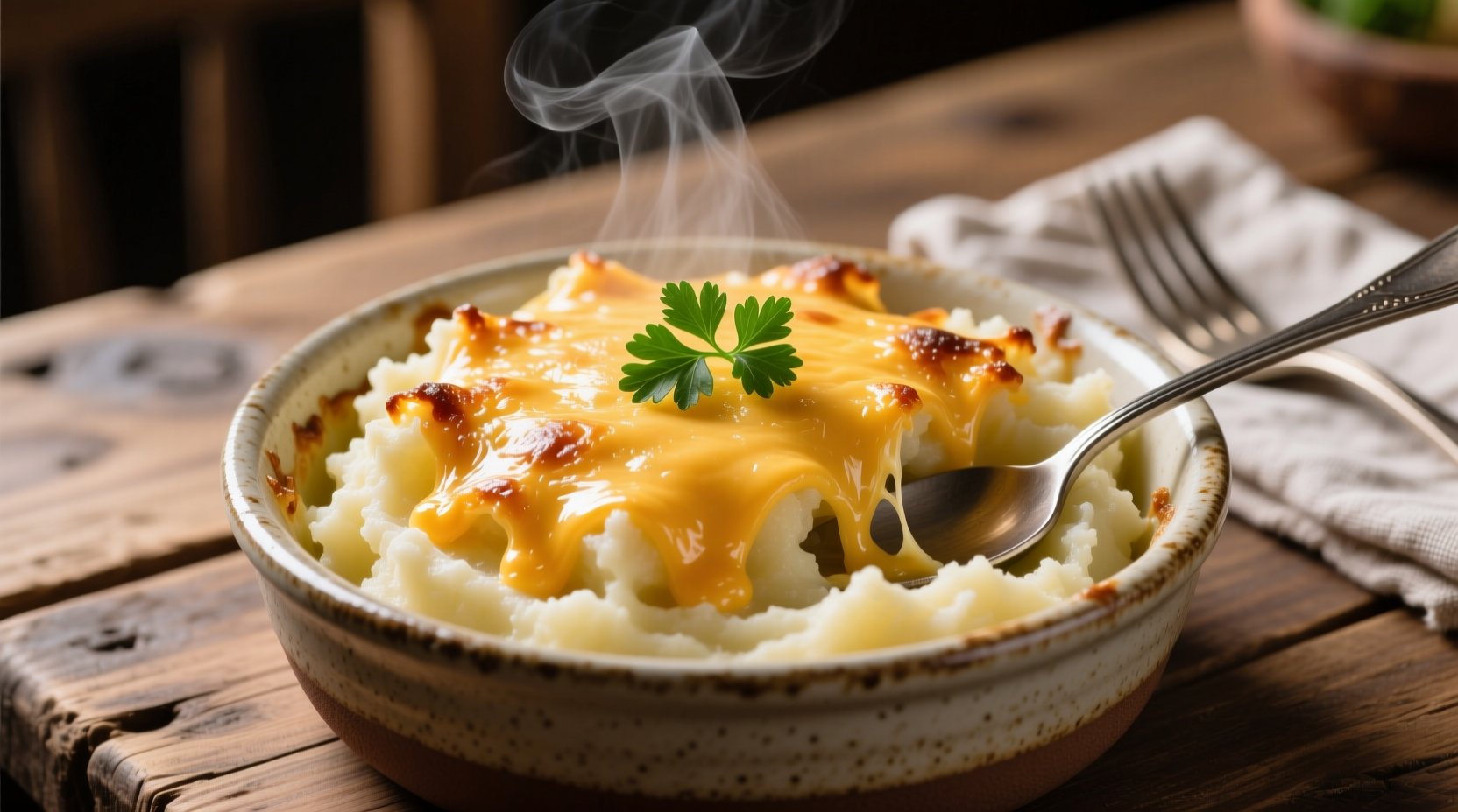 Creamy mashed potatoes with melted cheddar cheese topping