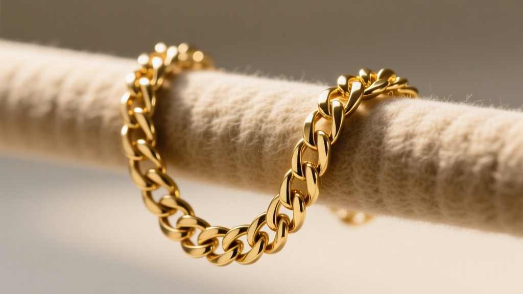 Heavy 18k gold Cuban link chain draped over a padded felt-covered horizontal dowel to prevent link stress, shown in a macro view.