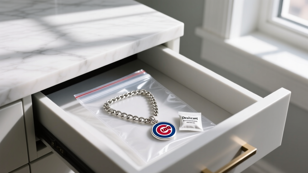 Organized jewelry drawer showing a Chicago Cubs chain necklace stored inside an anti-tarnish ziplock bag with a silica packet.
