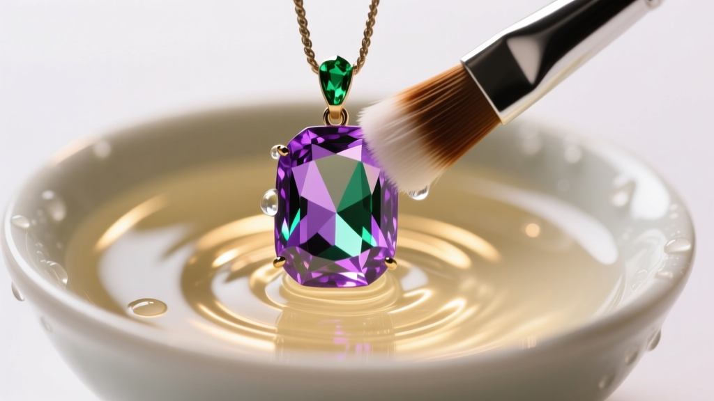 Soft jewelry brush gently cleaning a purple and green gemstone pendant in a bowl of warm soapy water under bright studio lighting.