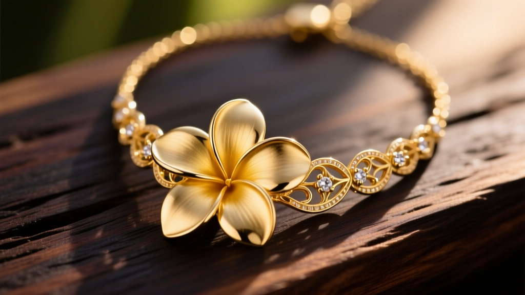 Close-up of a gold vermeil plumeria flower necklace resting on a dark koa wood surface, bathed in warm tropical sunlight