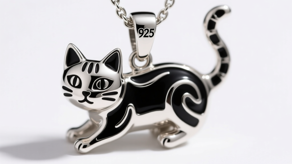 Macro shot of sterling silver cat pendant with black enamel details, showing 925 stamp on lobster clasp, bright studio lighting.