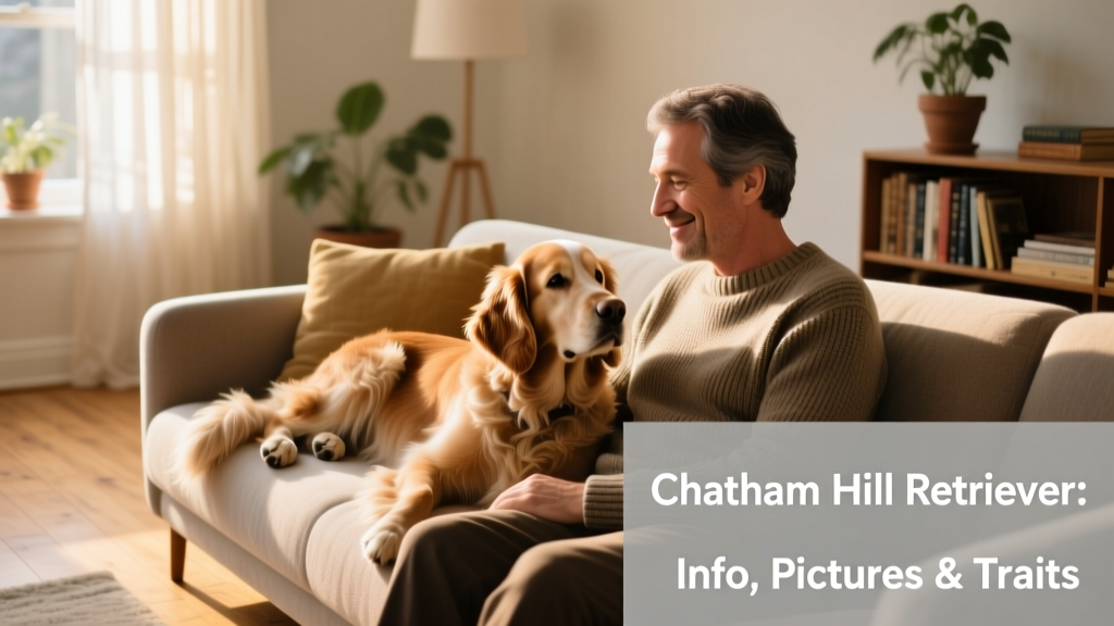 An adult Chatham Hill Retriever lying calmly beside its owner on a sofa, both looking content and connected