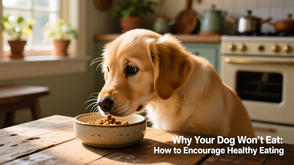 A dog gently sniffing at food in their bowl but not eating, head tilted curiously.