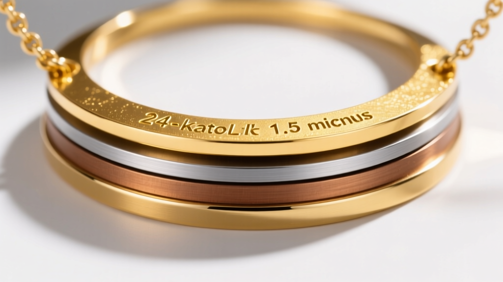 Cross section diagram of a gold plated necklace showing the brass base metal, nickel barrier layer, and top gold micron layer.