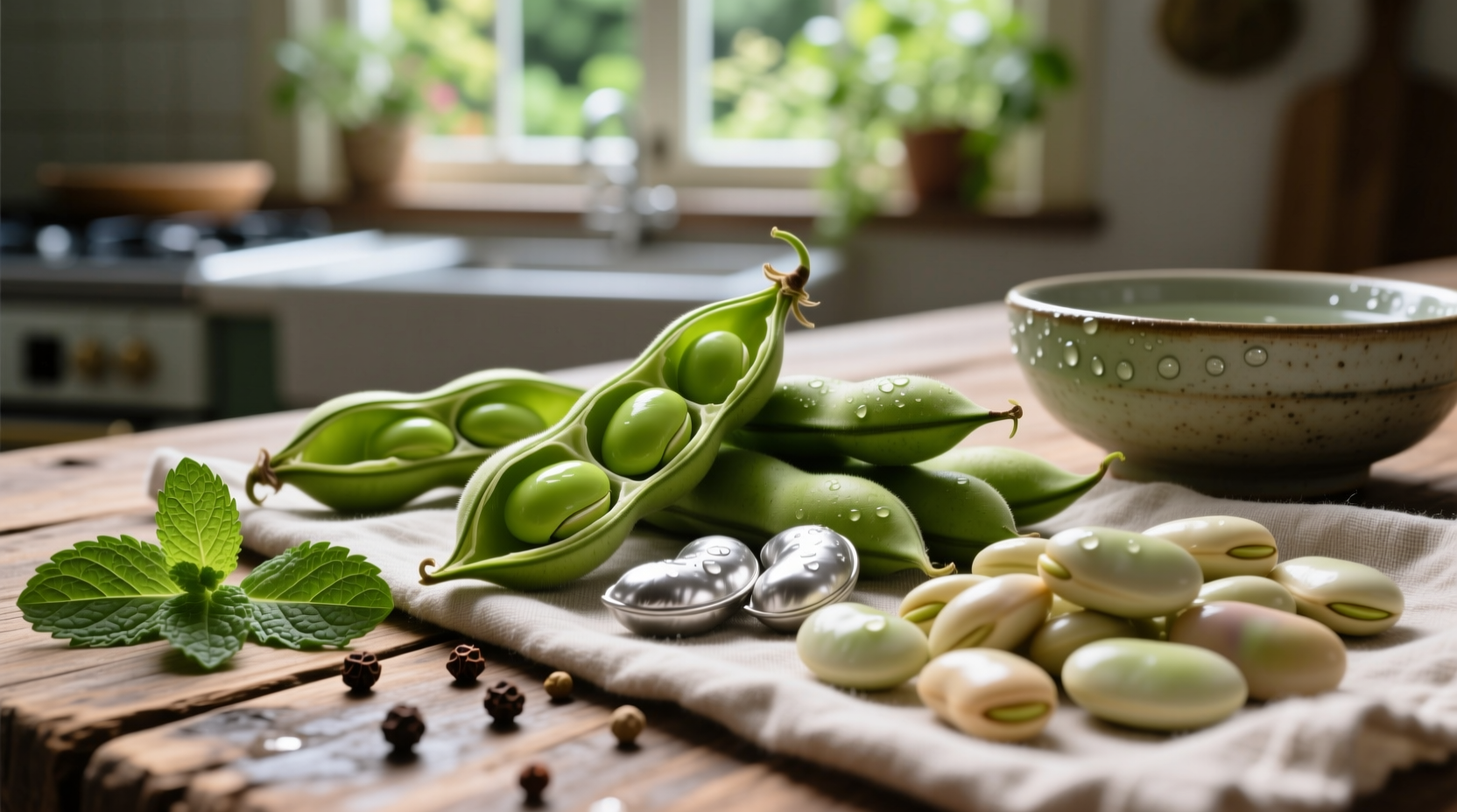 Fresh fava beans in various preparation stages