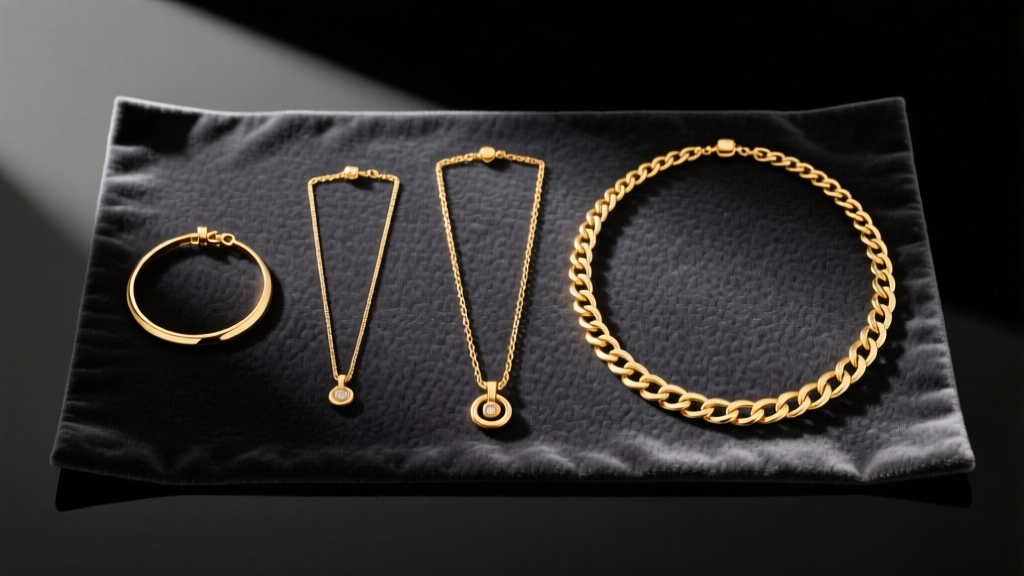 Flat lay of four gold necklaces ranging from a 14-inch choker to a 32-inch opera strand, neatly arranged on a dark velvet jewelry cleaning mat.
