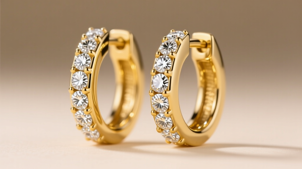 Macro photo of an 18k yellow gold channel earring huggie with round diamonds nestled securely between two polished metal walls