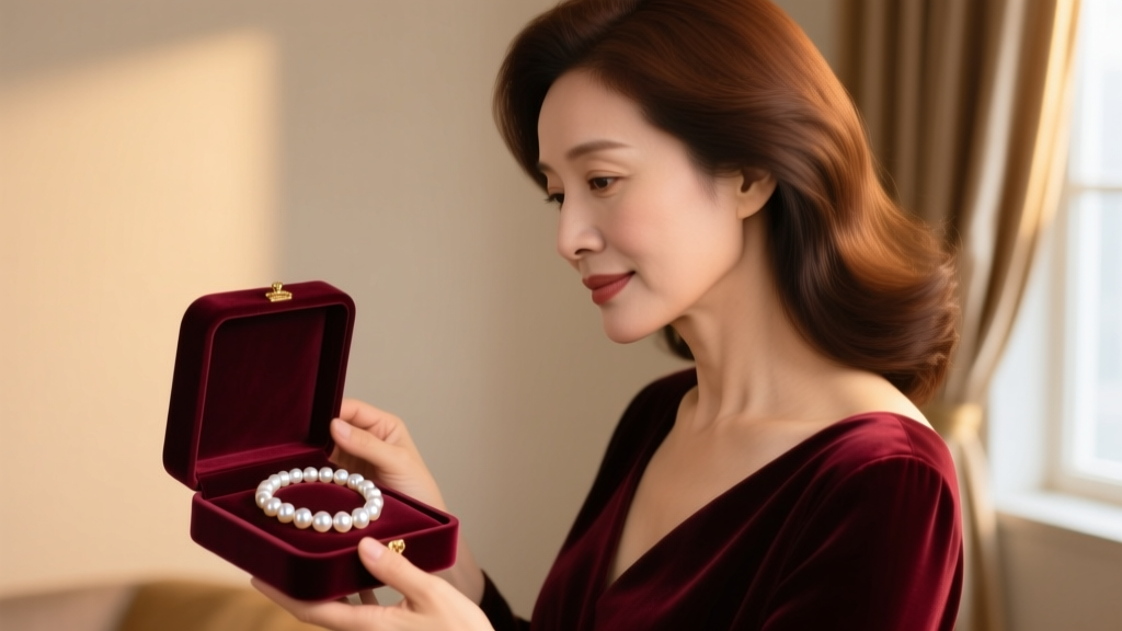 Elegant woman opening velvet box revealing a glowing white South Sea pearl necklace, warm ambient lighting, photorealistic detail