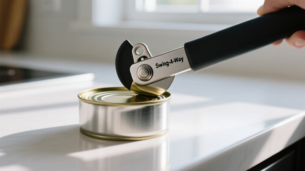 Close-up of a budget Swing-A-Way manual can opener piercing a tin can lid on a modern white kitchen countertop with natural sunlight